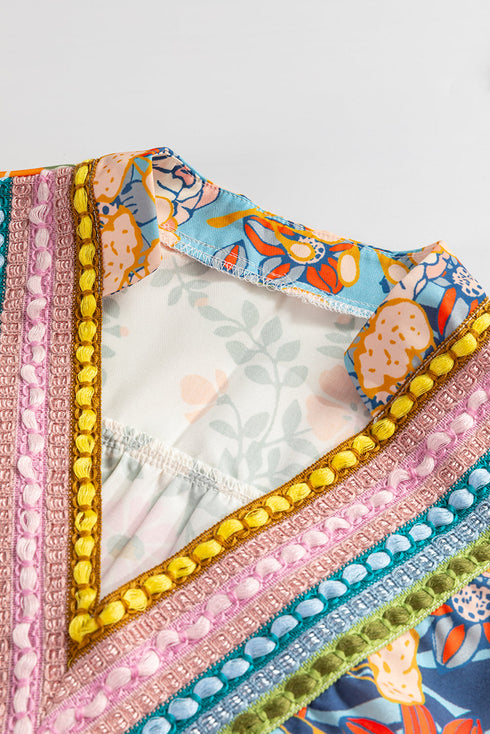 Multicolour Boho Floral Print Crochet Patchwork V Neck Loose Mini Dress